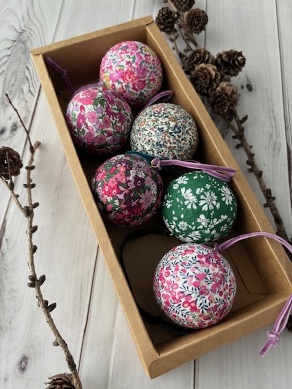 Six green and pink Liberty Baubles